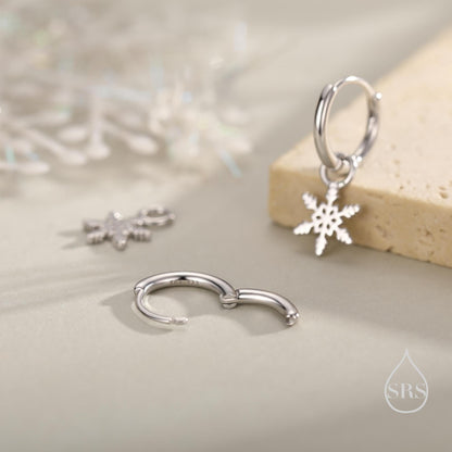 Dainty Snowflake Huggie Hoop in Sterling Silver, Silver or Gold or Rose Gold, Snow Earrings, Snowflake Earrings