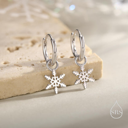 Dainty Snowflake Huggie Hoop in Sterling Silver, Silver or Gold or Rose Gold, Snow Earrings, Snowflake Earrings