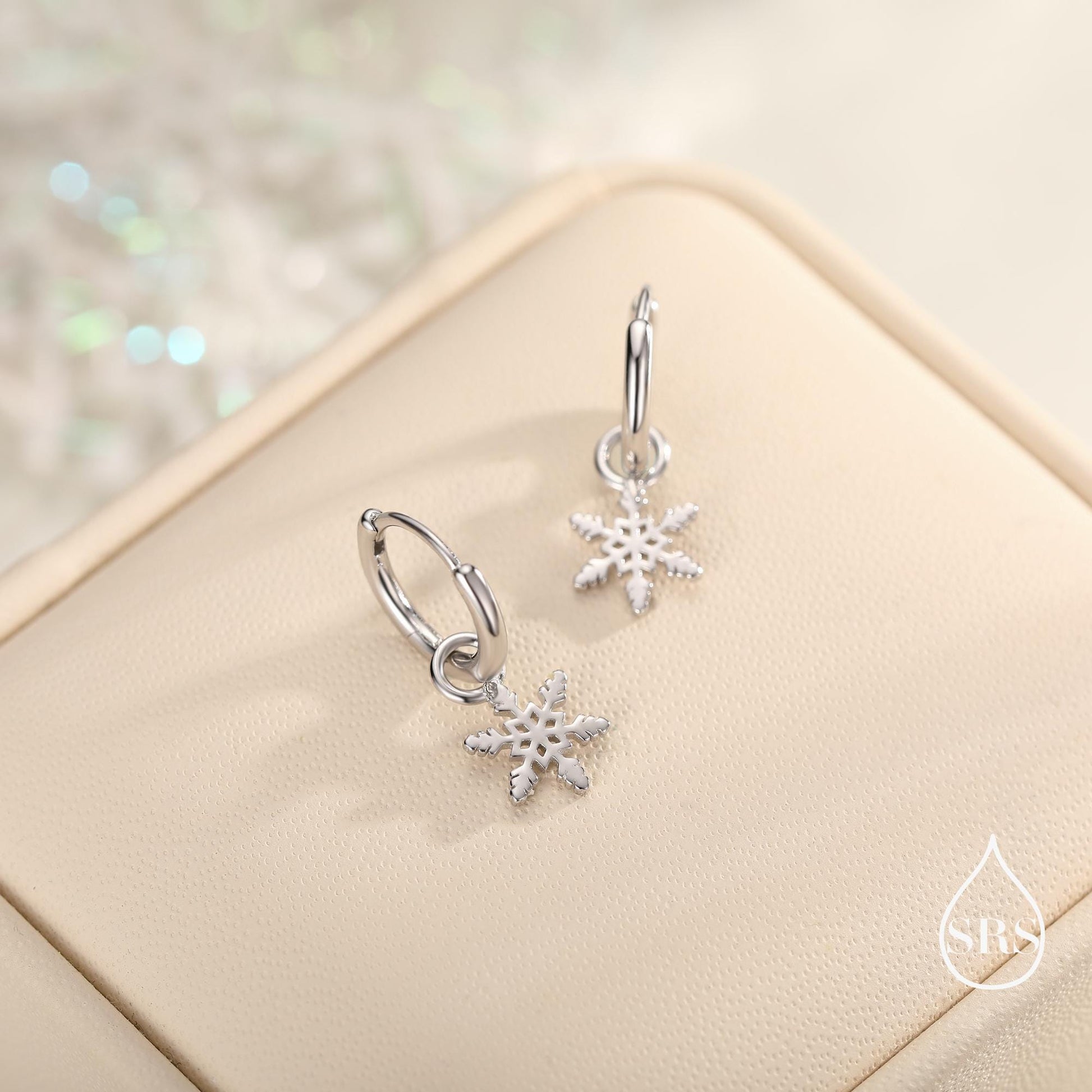 Dainty Snowflake Huggie Hoop in Sterling Silver, Silver or Gold or Rose Gold, Snow Earrings, Snowflake Earrings