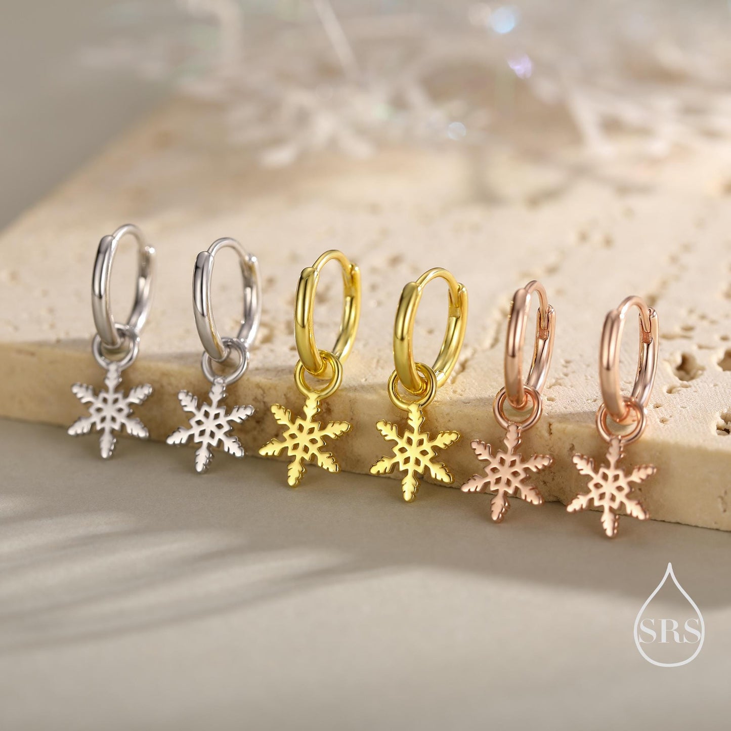 Dainty Snowflake Huggie Hoop in Sterling Silver, Silver or Gold or Rose Gold, Snow Earrings, Snowflake Earrings