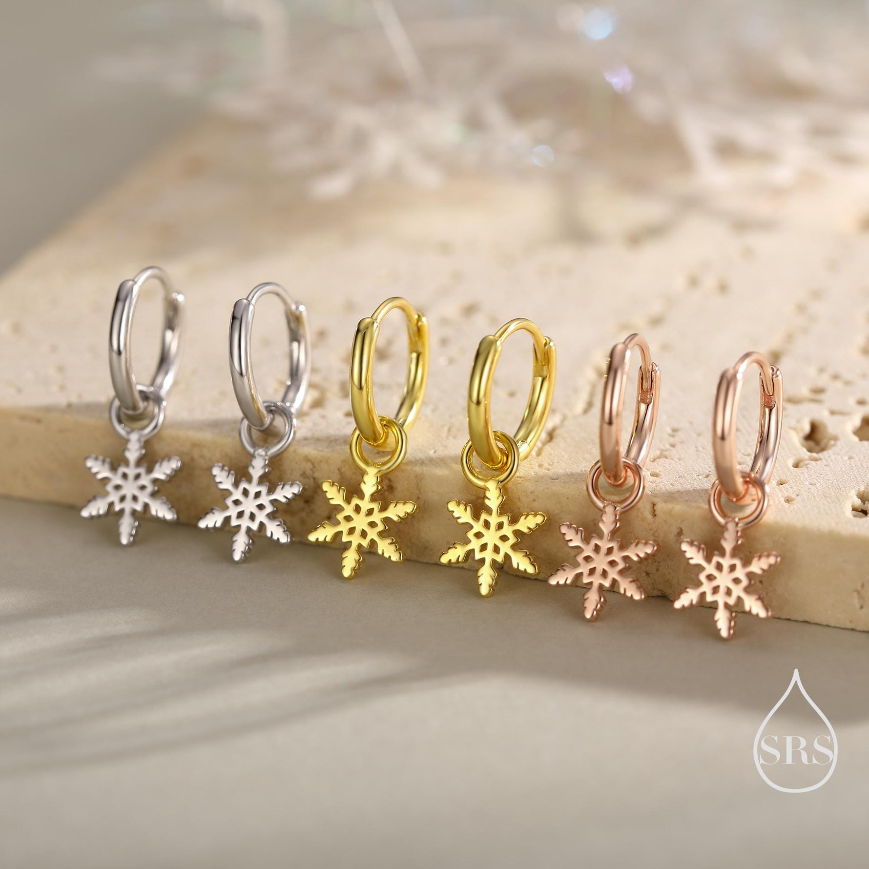 Dainty Snowflake Huggie Hoop in Sterling Silver, Silver or Gold or Rose Gold, Snow Earrings, Snowflake Earrings