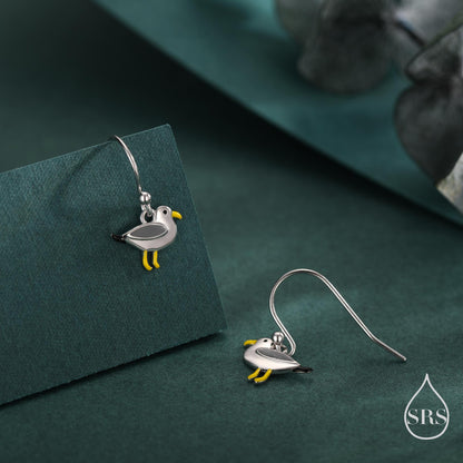 Tiny Sterling Silver Seagull Bird Drop Hook Earrings, Enamel Coated Seagull Bird Drop Dangle Earrings, Nature Inspired Animal Earrings