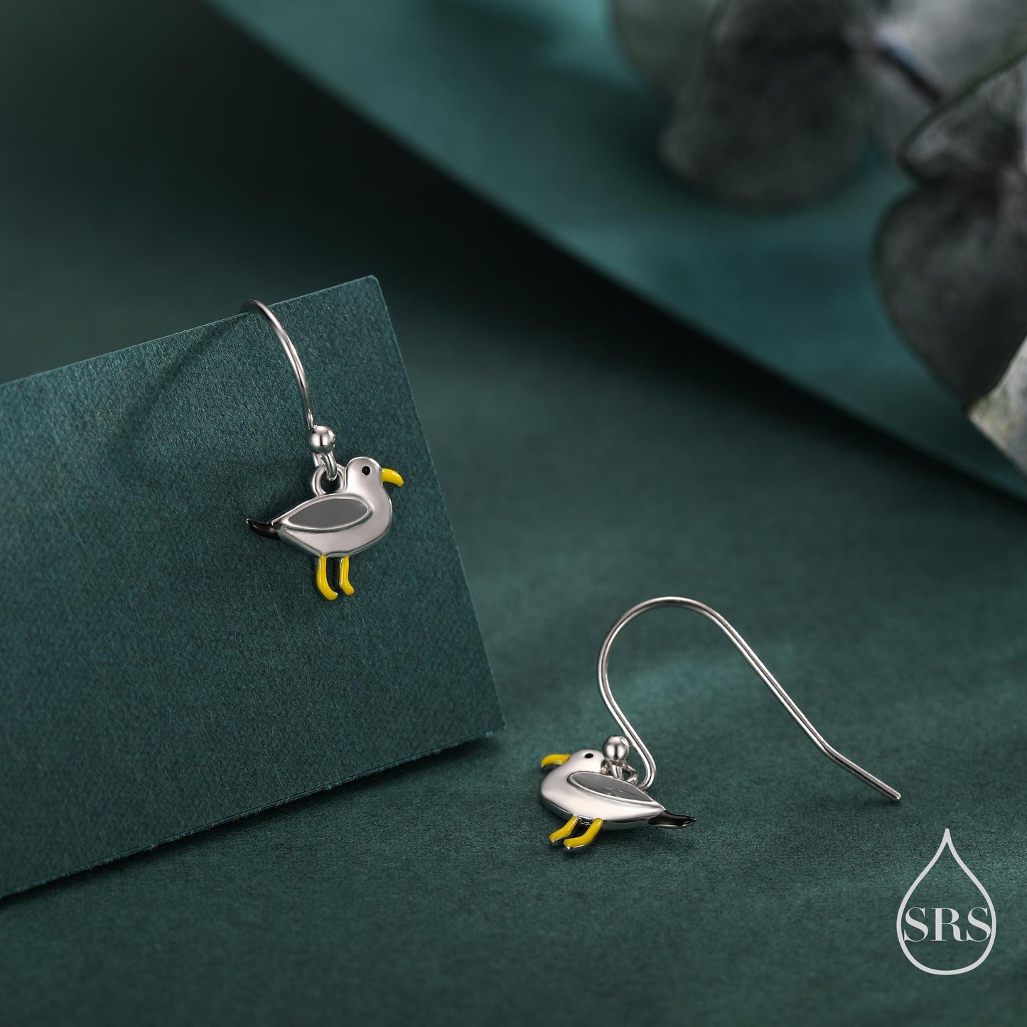 Tiny Sterling Silver Seagull Bird Drop Hook Earrings, Enamel Coated Seagull Bird Drop Dangle Earrings, Nature Inspired Animal Earrings