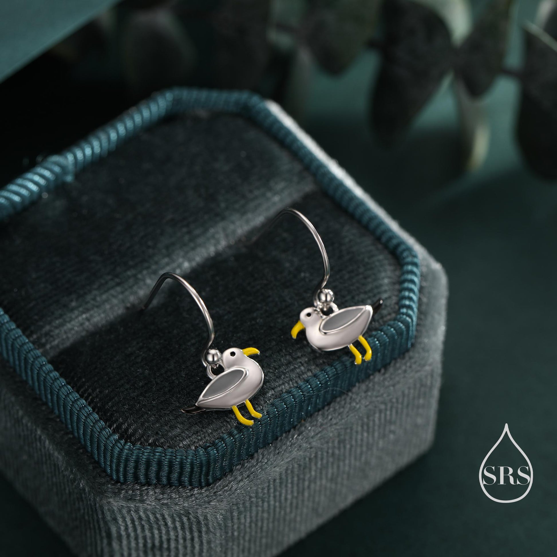 Tiny Sterling Silver Seagull Bird Drop Hook Earrings, Enamel Coated Seagull Bird Drop Dangle Earrings, Nature Inspired Animal Earrings