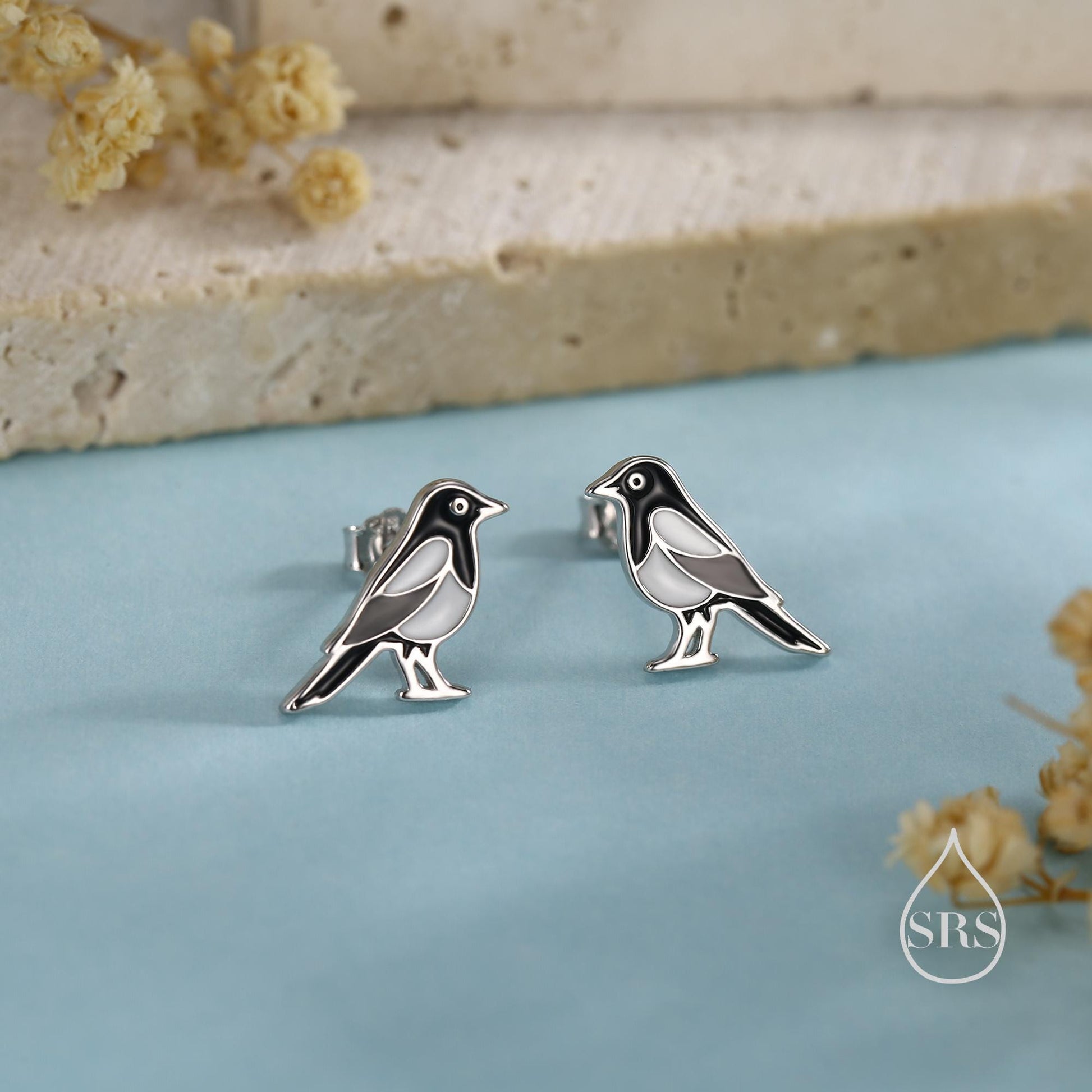 Very Small Sterling Silver Magpie Bird Stud Earrings, Enamel Coated Magpie Bird Earrings, Nature Inspired Animal Earrings, Magpie Stud