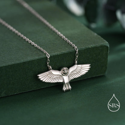 Flying Barn Owl Pendant Necklace in Sterling Silver, Owl Necklace, Silver Barn Owl Necklace, Bird Necklace, Animal Necklace