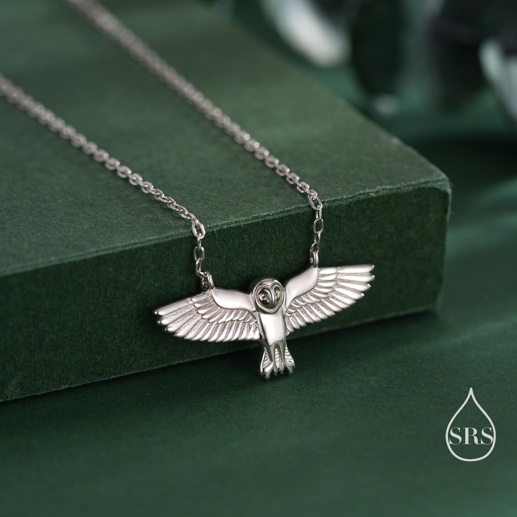 Flying Barn Owl Pendant Necklace in Sterling Silver, Owl Necklace, Silver Barn Owl Necklace, Bird Necklace, Animal Necklace