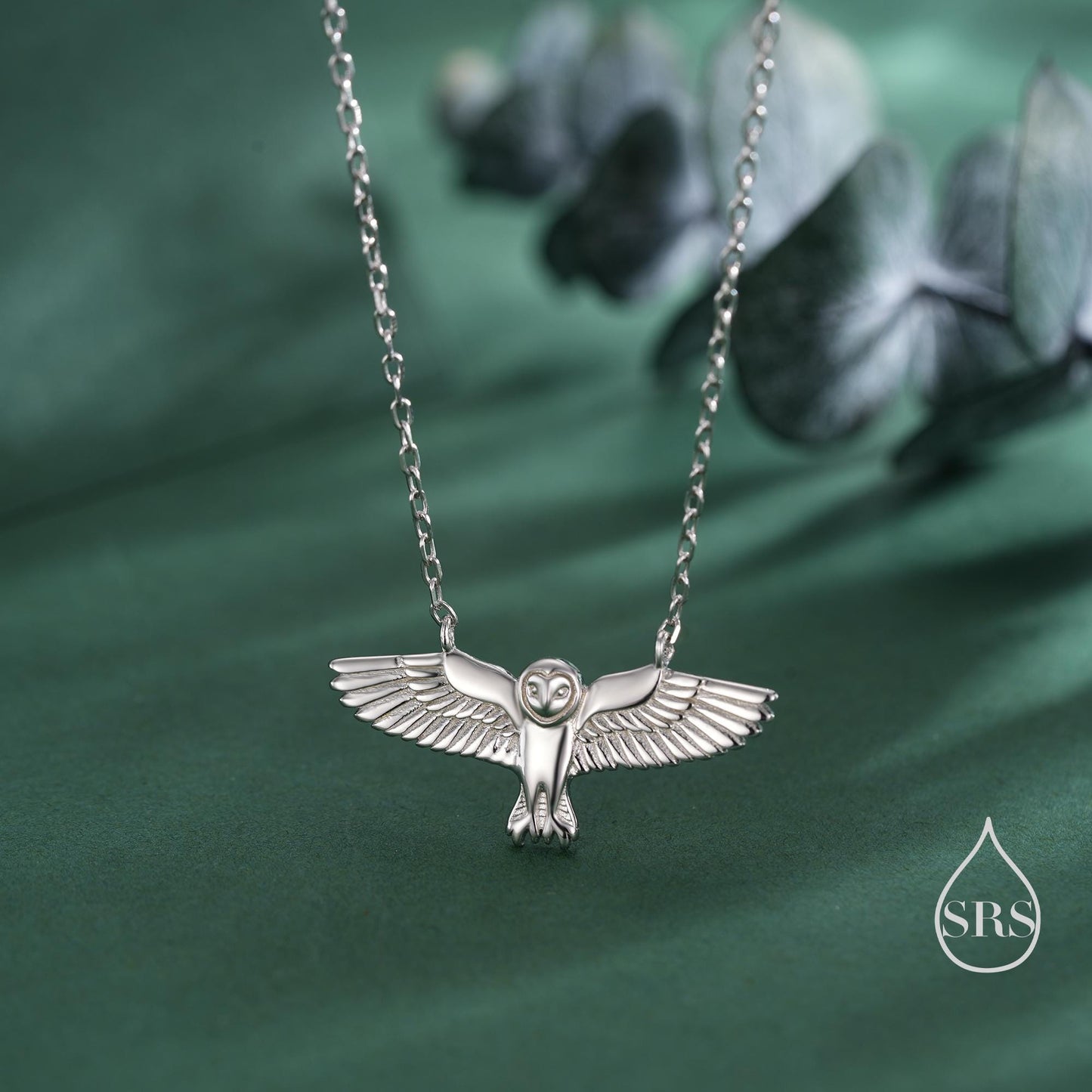 Flying Barn Owl Pendant Necklace in Sterling Silver, Owl Necklace