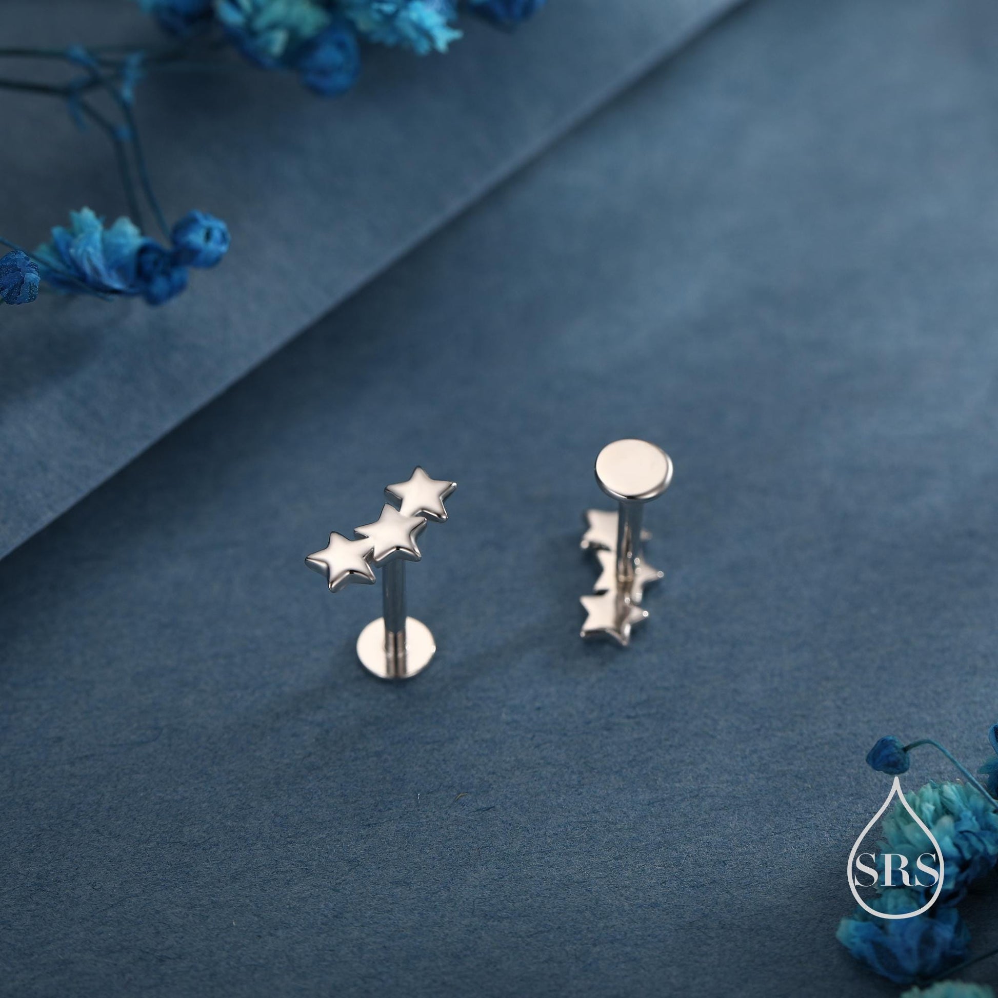 Star Trio Screw Back / Internally Threaded Flat Back / Stud Earrings in Sterling Silver, Silver or Gold or Rose Gold, Three Star Earrings