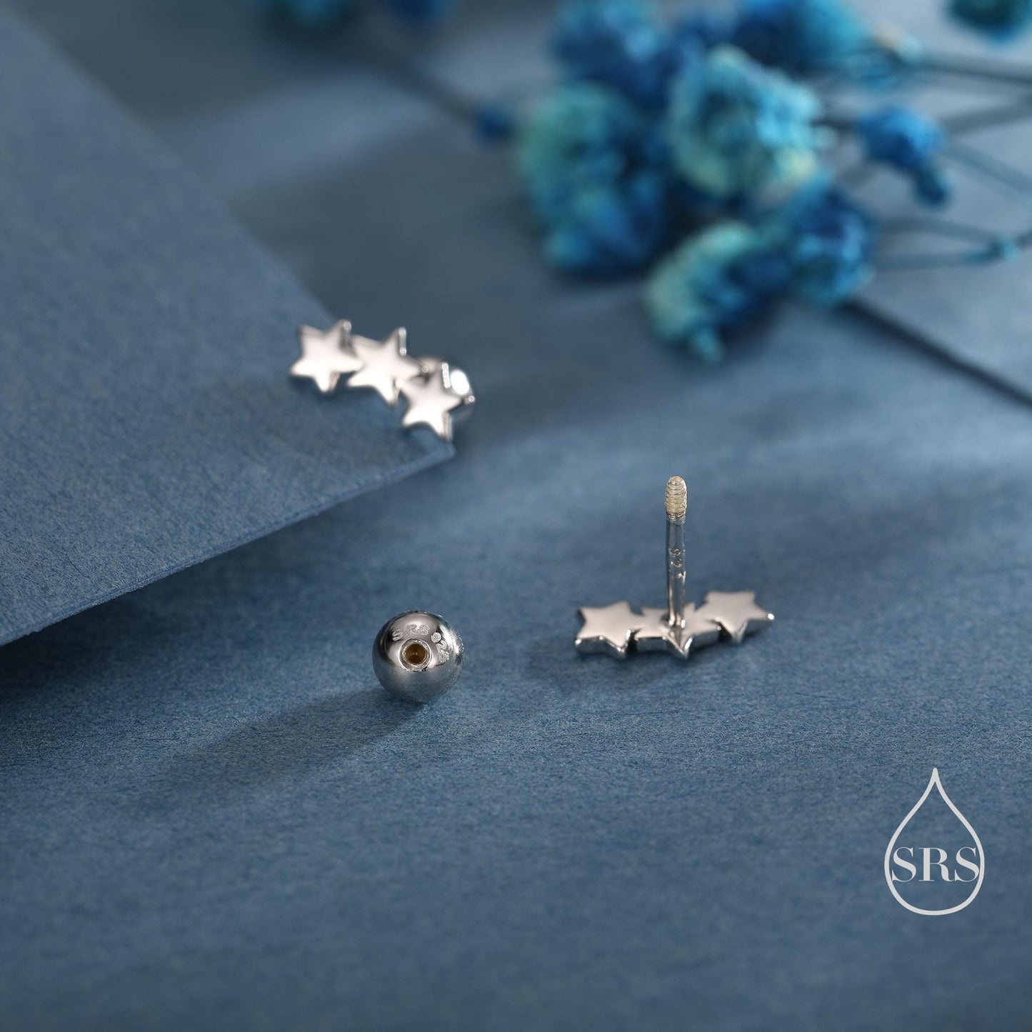 Star Trio Internally Threaded Flat Back / Screw Back / Stud Earrings in Sterling Silver, Silver or Gold or Rose Gold, Three Star Earrings