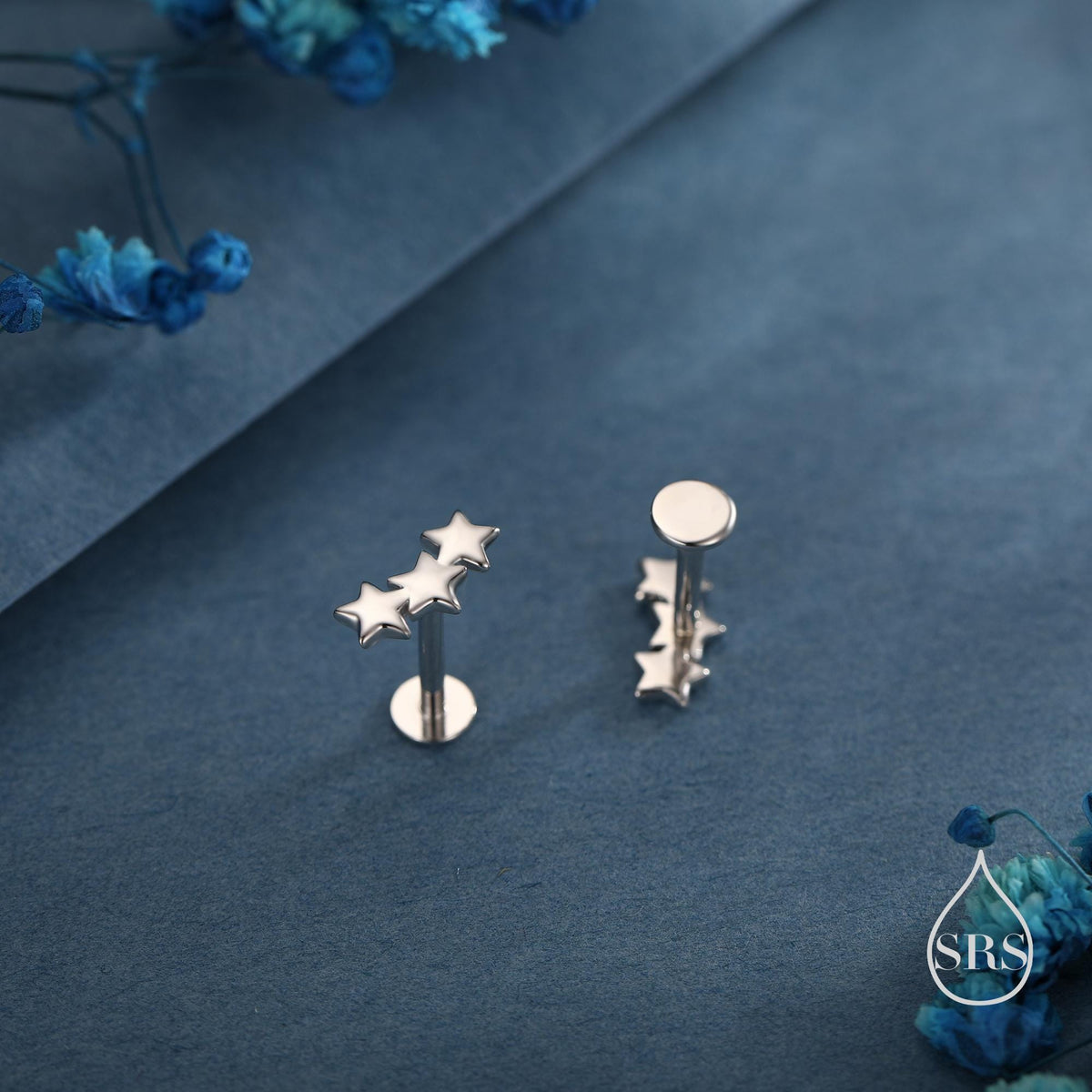 Star Trio 16G Internally Threaded Flat Back Earrings in Sterling Silver