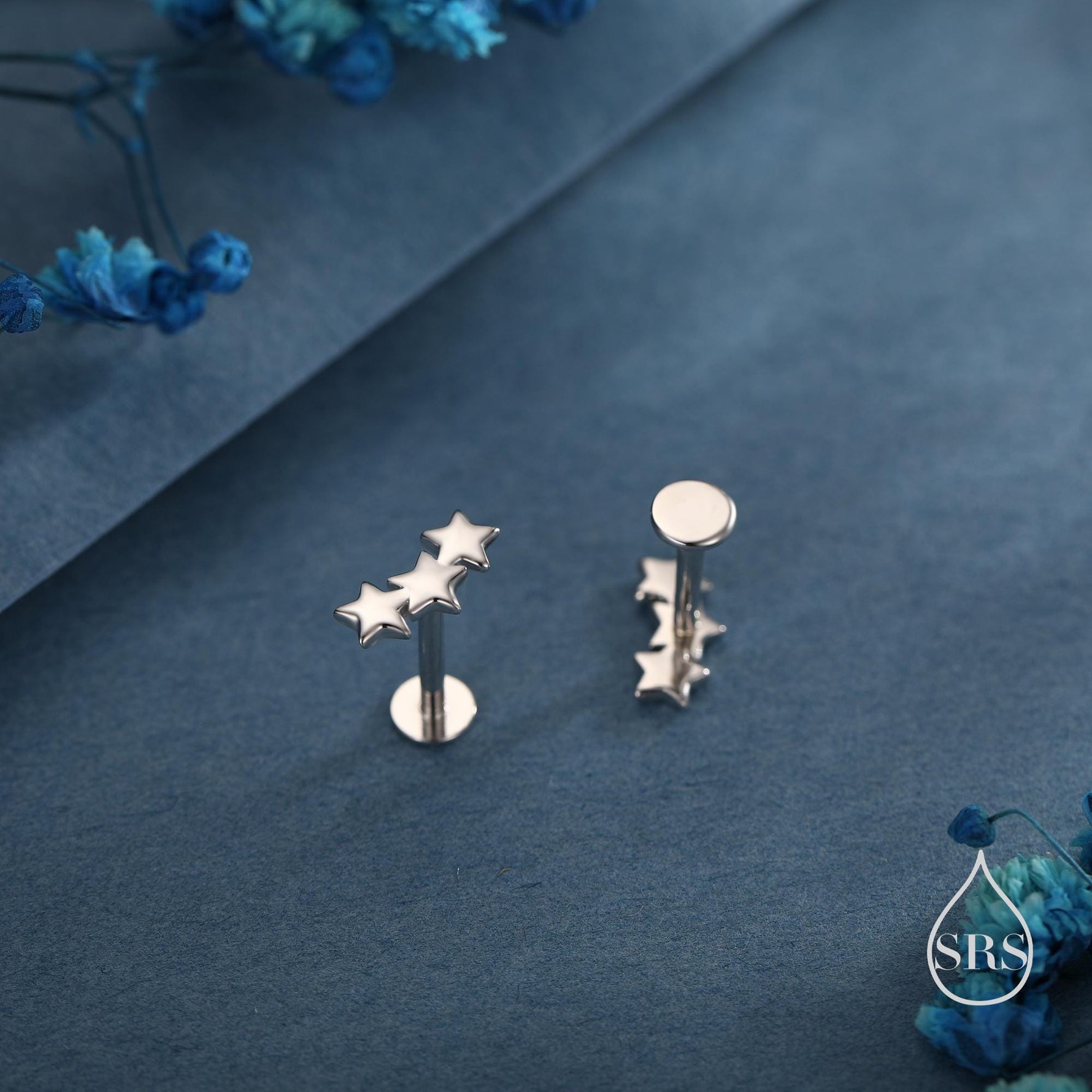 Star Trio 16G Internally Threaded Flat Back Earrings in Sterling Silver