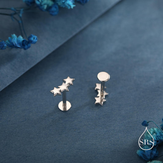 Star Trio Internally Threaded Flat Back / Screw Back / Stud Earrings in Sterling Silver, Silver or Gold or Rose Gold, Three Star Earrings