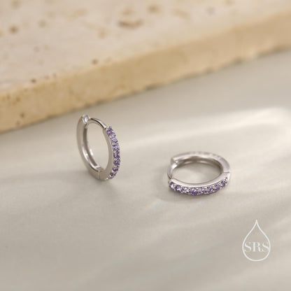 Amethyst Purple CZ Huggie Hoops in Sterling Silver, Silver or Gold, Minimalist Hoop Earrings, 6mm, 7mm and 8mm Hoops, Cartilage Hoops