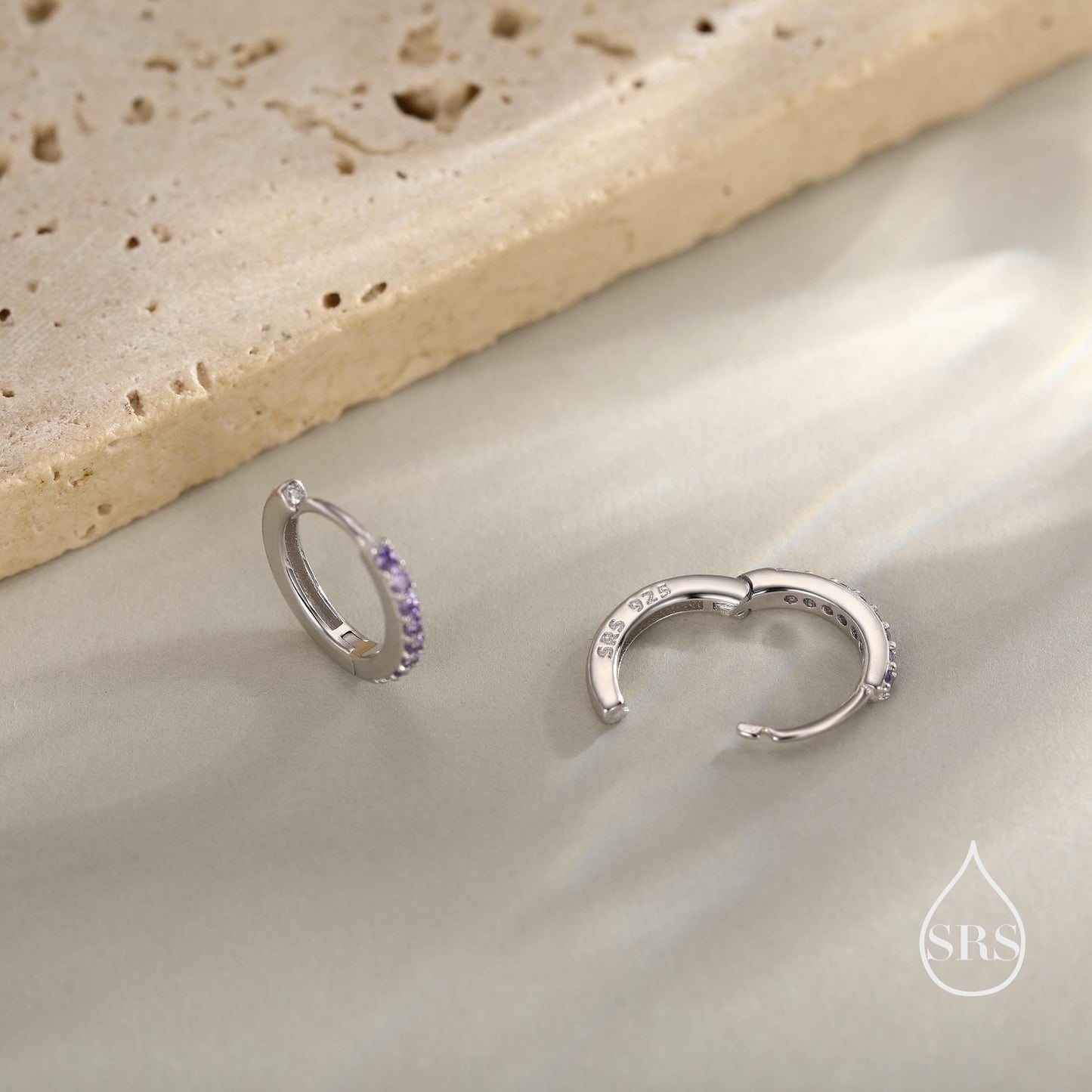 Amethyst Purple CZ Huggie Hoops in Sterling Silver, Silver or Gold, Minimalist Hoop Earrings, 6mm, 7mm and 8mm Hoops, Cartilage Hoops
