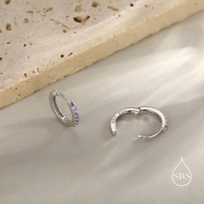 Amethyst Purple CZ Huggie Hoops in Sterling Silver, Silver or Gold, Minimalist Hoop Earrings, 6mm, 7mm and 8mm Hoops, Cartilage Hoops