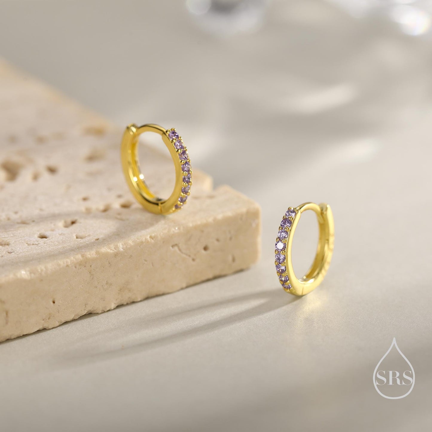 Amethyst Purple CZ Huggie Hoops in Sterling Silver, Silver or Gold, Minimalist Hoop Earrings, 6mm, 7mm and 8mm Hoops, Cartilage Hoops