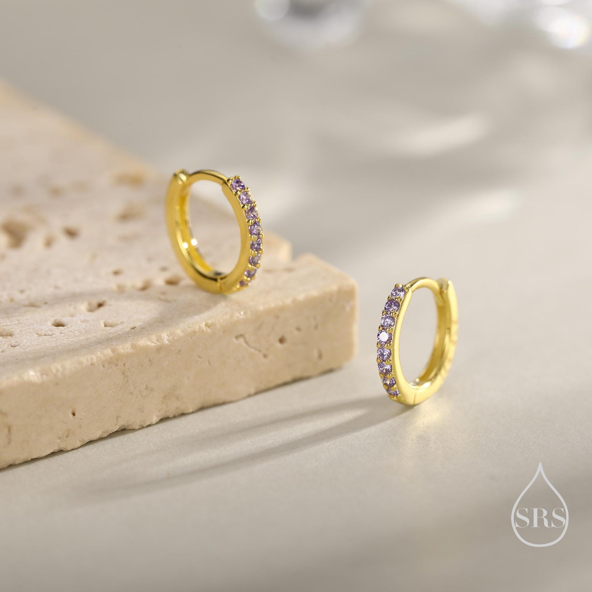 Amethyst Purple CZ Huggie Hoops in Sterling Silver, Silver or Gold, Minimalist Hoop Earrings, 6mm, 7mm and 8mm Hoops, Cartilage Hoops