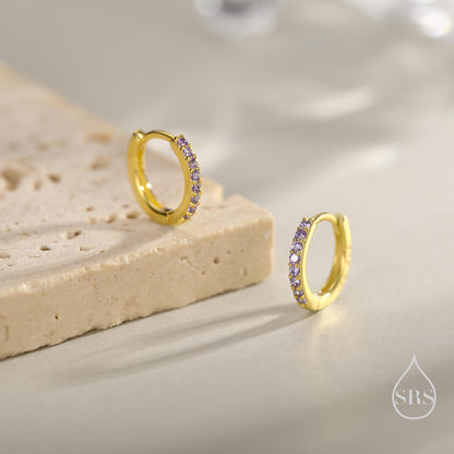 Amethyst Purple CZ Huggie Hoops in Sterling Silver, Silver or Gold, Minimalist Hoop Earrings, 6mm, 7mm and 8mm Hoops, Cartilage Hoops