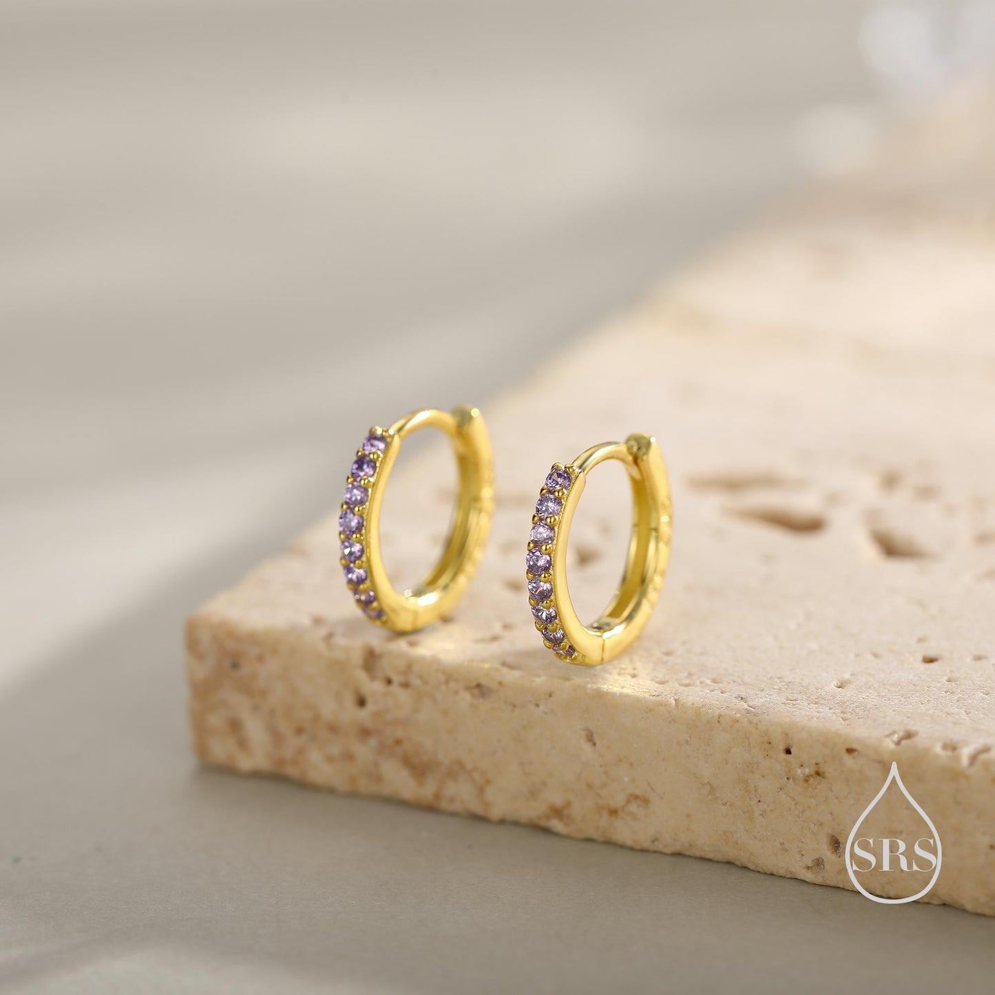 Amethyst Purple CZ Huggie Hoops in Sterling Silver, Silver or Gold, Minimalist Hoop Earrings, 6mm, 7mm and 8mm Hoops, Cartilage Hoops