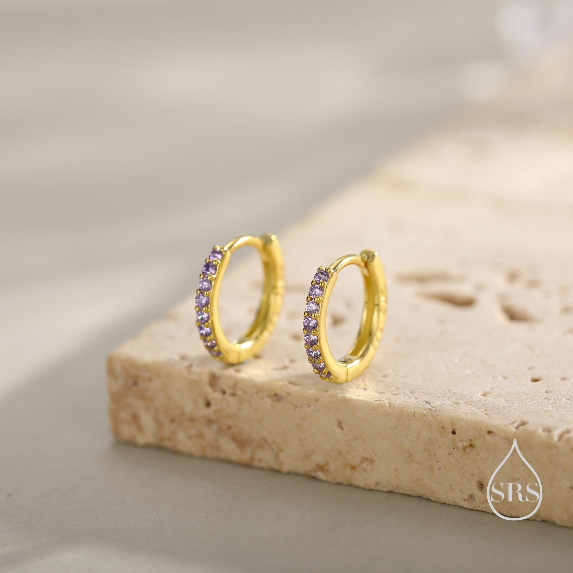 Amethyst Purple CZ Huggie Hoops in Sterling Silver, Silver or Gold, Minimalist Hoop Earrings, 6mm, 7mm and 8mm Hoops, Cartilage Hoops