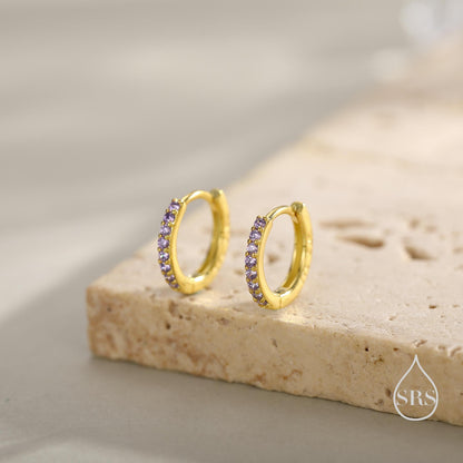 Amethyst Purple CZ Huggie Hoops in Sterling Silver, Silver or Gold, Minimalist Hoop Earrings, 6mm, 7mm and 8mm Hoops, Cartilage Hoops