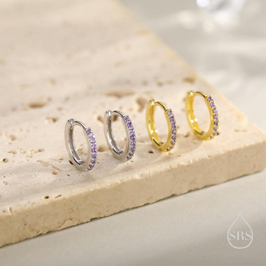 Amethyst Purple CZ Huggie Hoops in Sterling Silver, Silver or Gold, Minimalist Hoop Earrings, 6mm, 7mm and 8mm Hoops, Cartilage Hoops