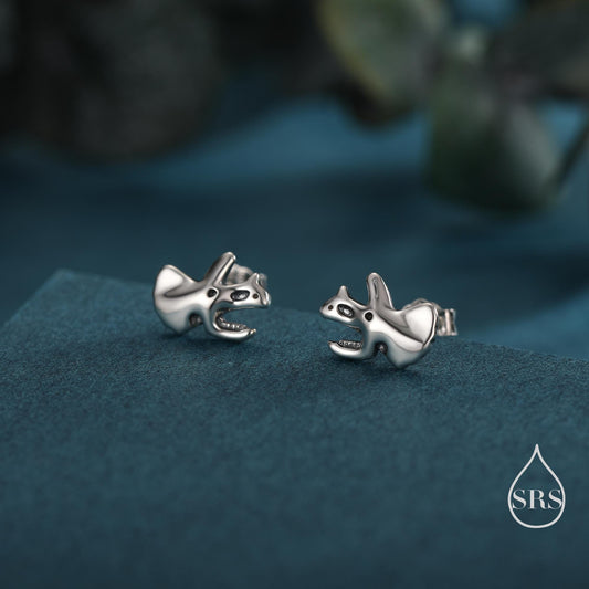 Oxidised Finish Dinosaur Fossil Stud Earrings in Sterling Silver, T Rex or Triceratops Skull, Quirky Dino Stud, Asymmetric Dinosaur Earrings