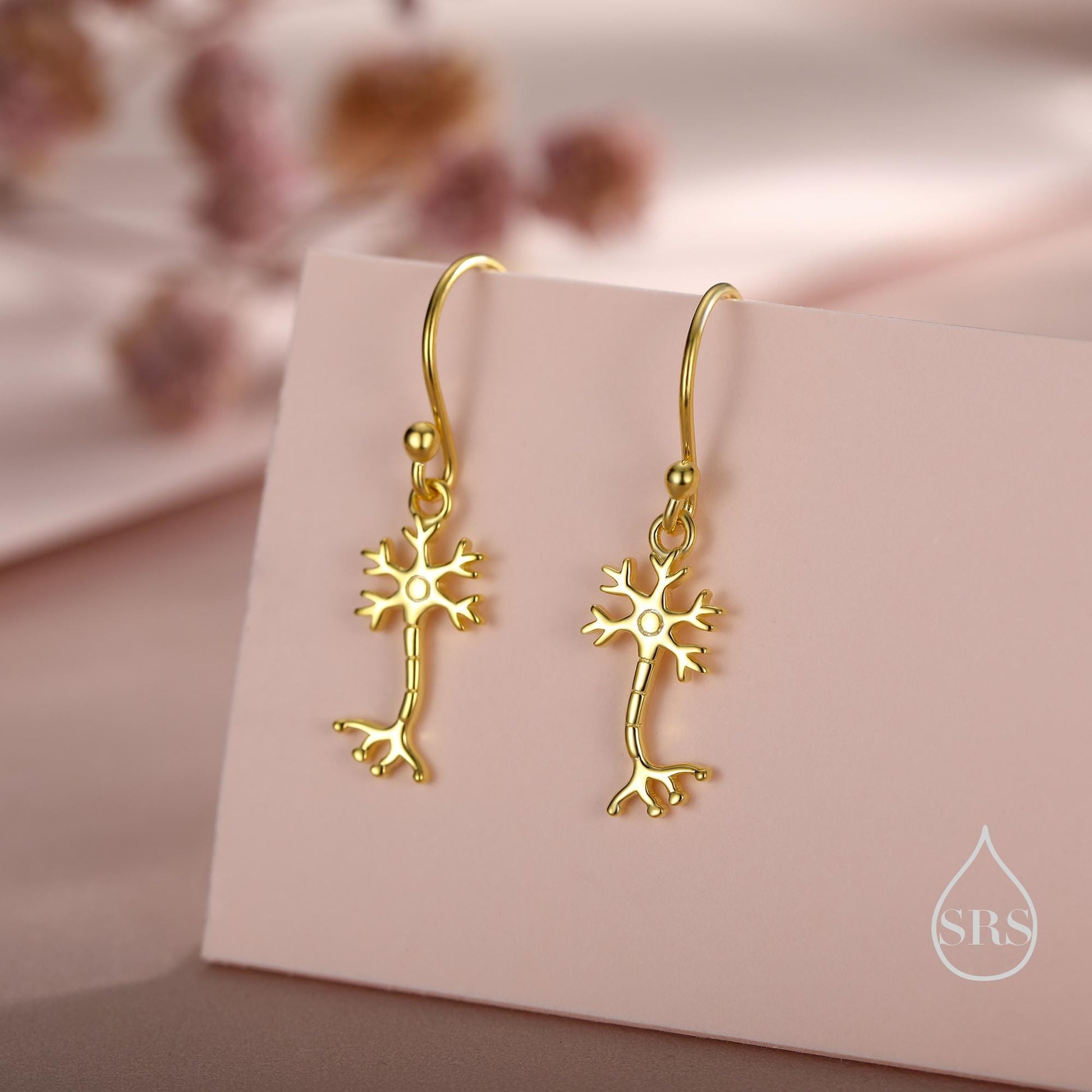 Tiny Neuron Cell Drop Hook Earrings in Sterling Silver, Silver or Gold, Neurone Cell Earrings, Nerve Cells Earrings, Brain Earrings