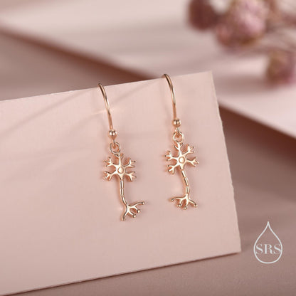 Tiny Neuron Cell Drop Hook Earrings in Sterling Silver, Silver or Gold, Neurone Cell Earrings, Nerve Cells Earrings, Brain Earrings