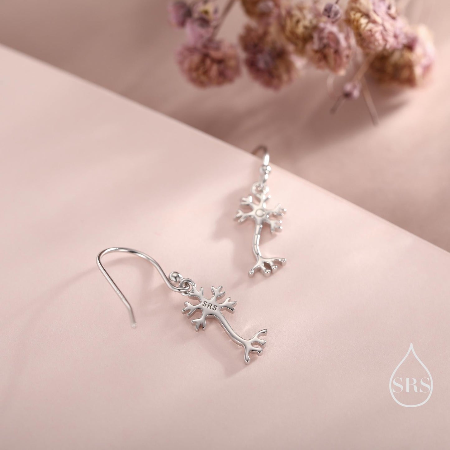 Tiny Neuron Cell Drop Hook Earrings in Sterling Silver, Silver or Gold, Neurone Cell Earrings, Nerve Cells Earrings, Brain Earrings