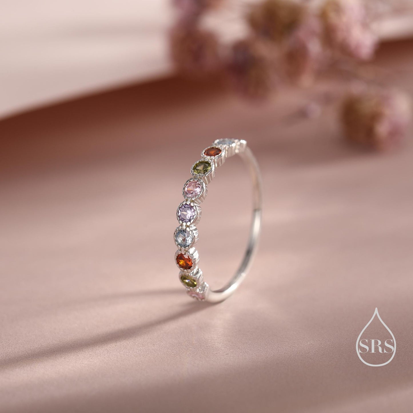 Multicolour CZ Infinity Ring in Sterling Silver, Silver or Gold, Dotted Bezel CZ Ring, Simulated Tourmaline US 5 - 8