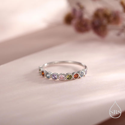 Multicolour CZ Infinity Ring in Sterling Silver, Silver or Gold, Dotted Bezel CZ Ring, Simulated Tourmaline US 5 - 8