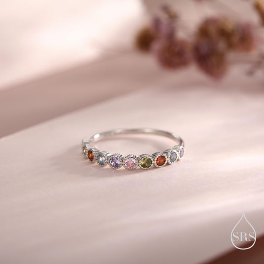 Multicolour CZ Infinity Ring in Sterling Silver, Silver or Gold, Dotted Bezel CZ Ring, Simulated Tourmaline US 5 - 8