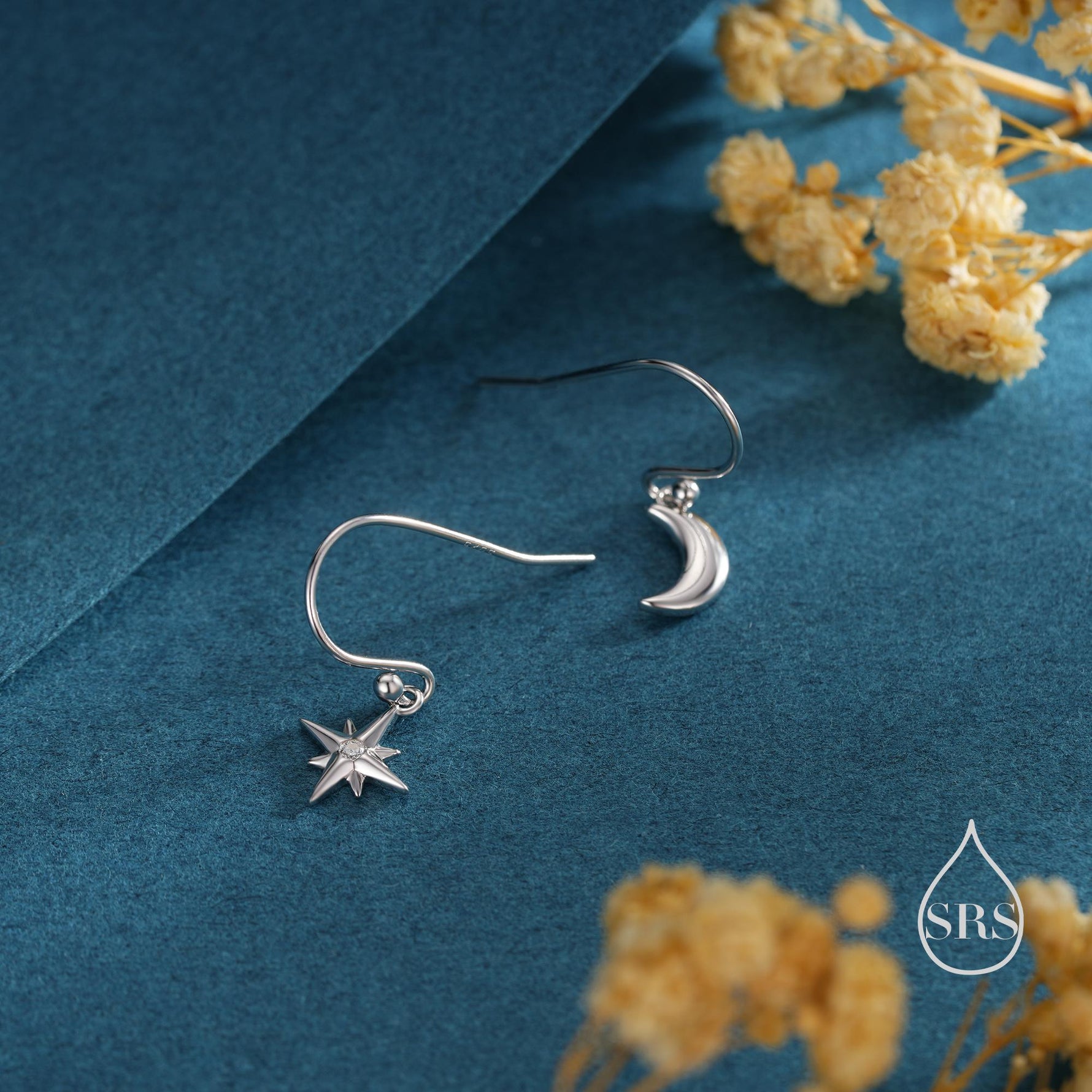 Extra Tiny Starburst and Moon Dangle Drop Hook Earrings in Sterling Silver, Silver, Gold or Rose Gold, Tiny Star Dangle Earrings