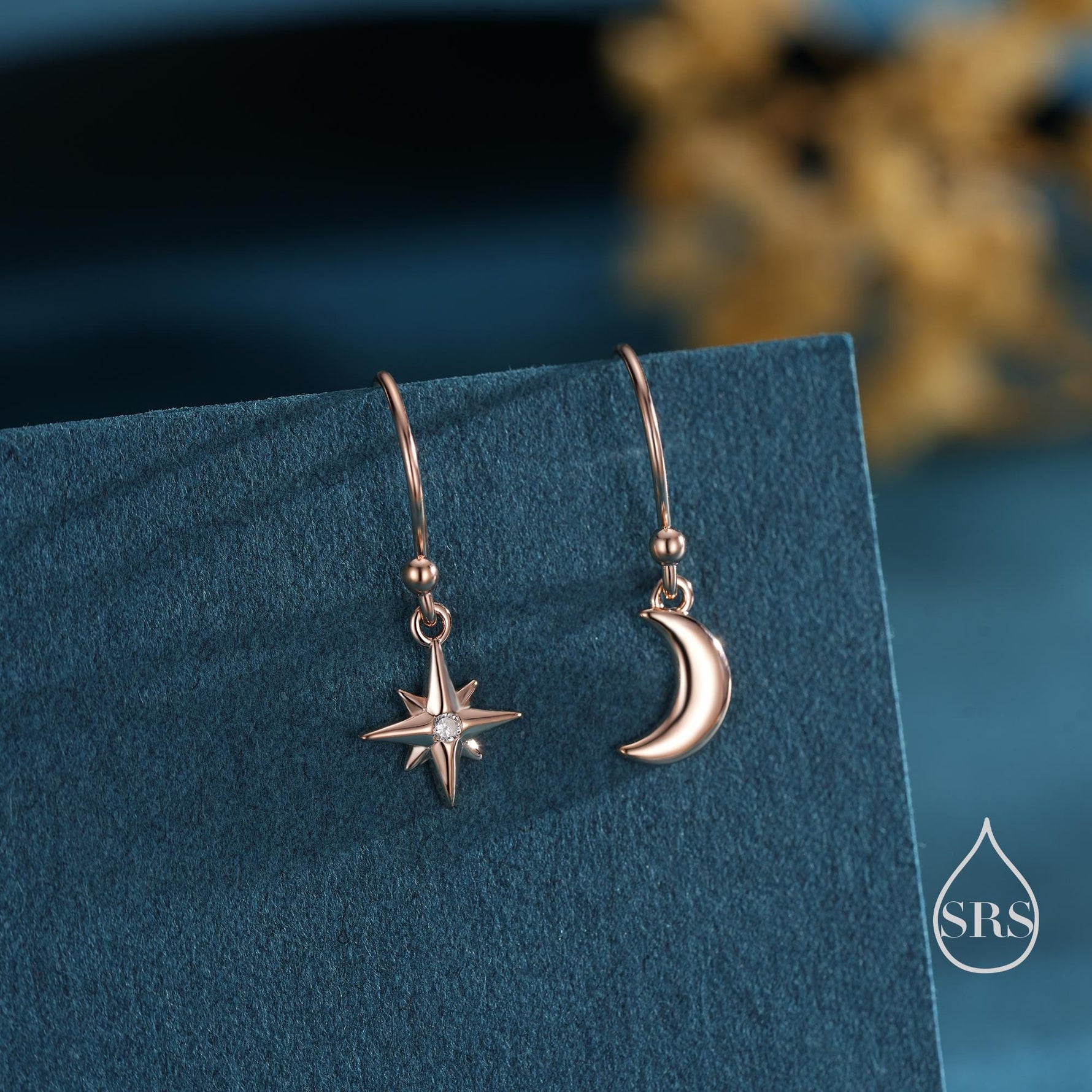 Extra Tiny Starburst and Moon Dangle Drop Hook Earrings in Sterling Silver, Silver, Gold or Rose Gold, Tiny Star Dangle Earrings