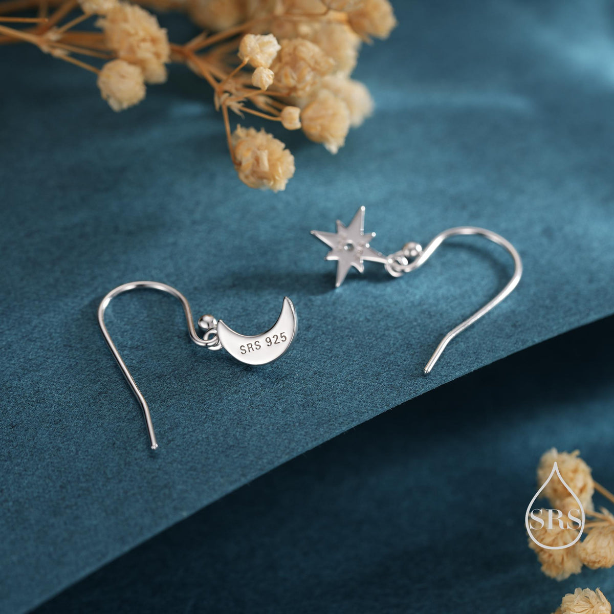 Extra Tiny Starburst and Moon Dangle Drop Hook Earrings in Sterling Silver, Silver, Gold or Rose Gold, Tiny Star Dangle Earrings