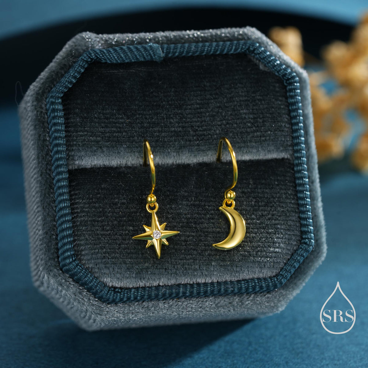 Extra Tiny Starburst and Moon Dangle Drop Hook Earrings in Sterling Silver, Silver, Gold or Rose Gold, Tiny Star Dangle Earrings