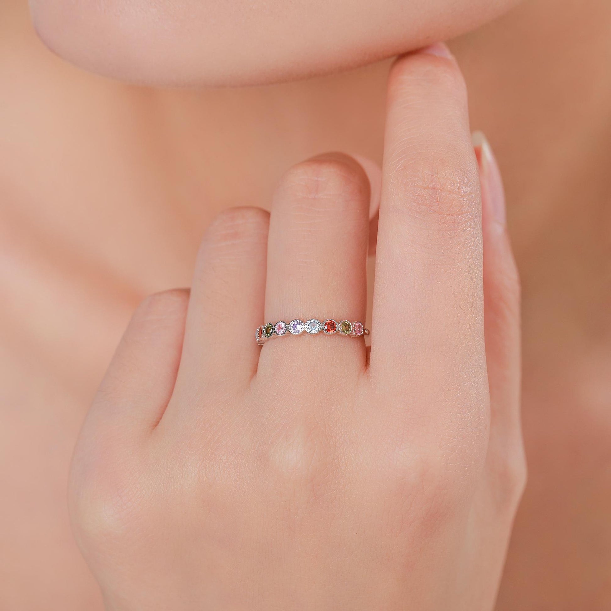 Multicolour CZ Infinity Ring in Sterling Silver, Silver or Gold, Dotted Bezel CZ Ring, Simulated Tourmaline US 5 - 8