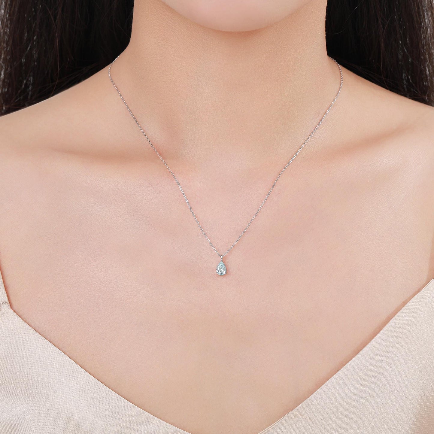 Aquamarine Blue Pear Cut CZ Pendant Necklace in Sterling Silver, 7 x 9mm, Sky Blue Crystal Droplet necklace, Diamond CZ