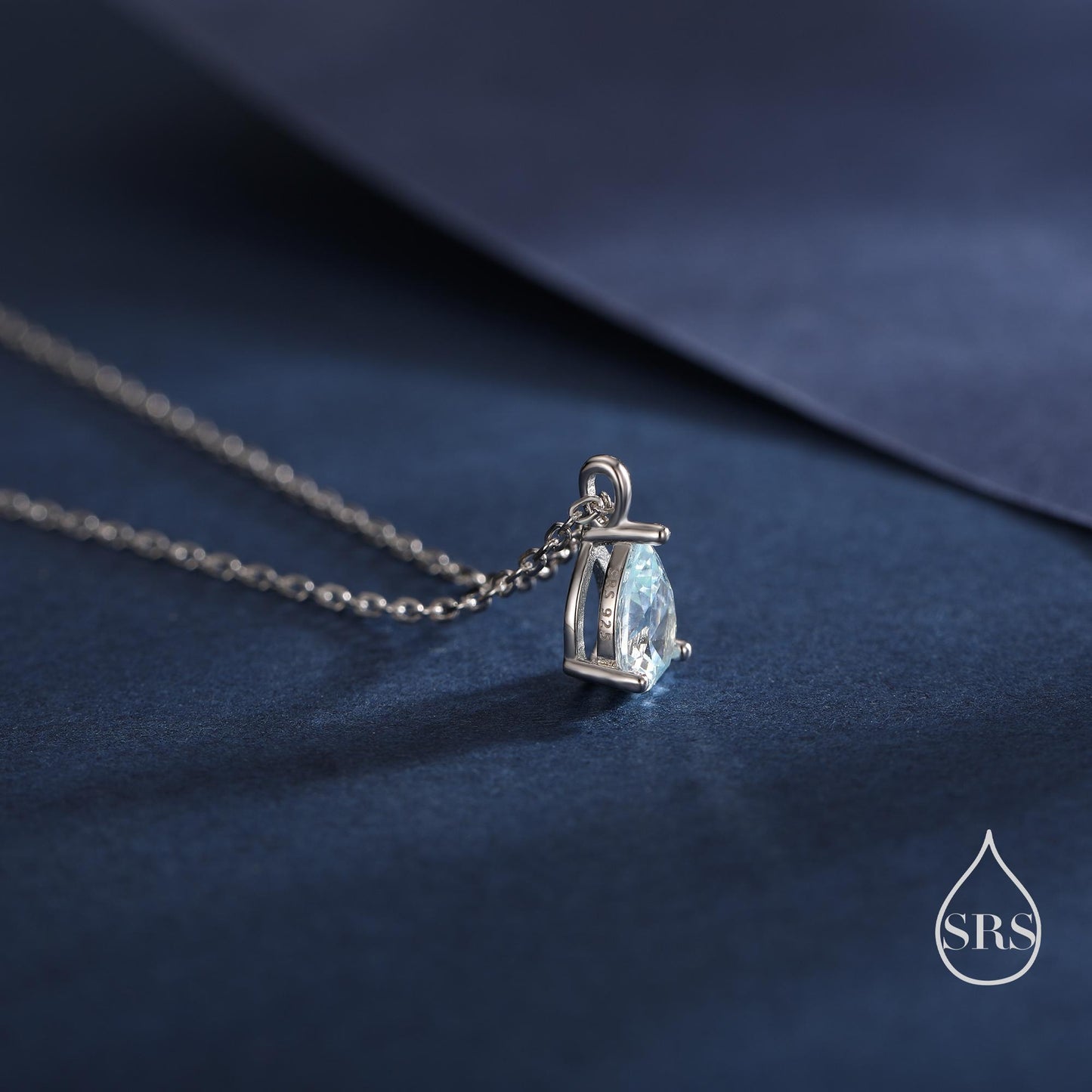 Aquamarine Blue Pear Cut CZ Pendant Necklace in Sterling Silver, 7 x 9mm, Sky Blue Crystal Droplet necklace, Diamond CZ