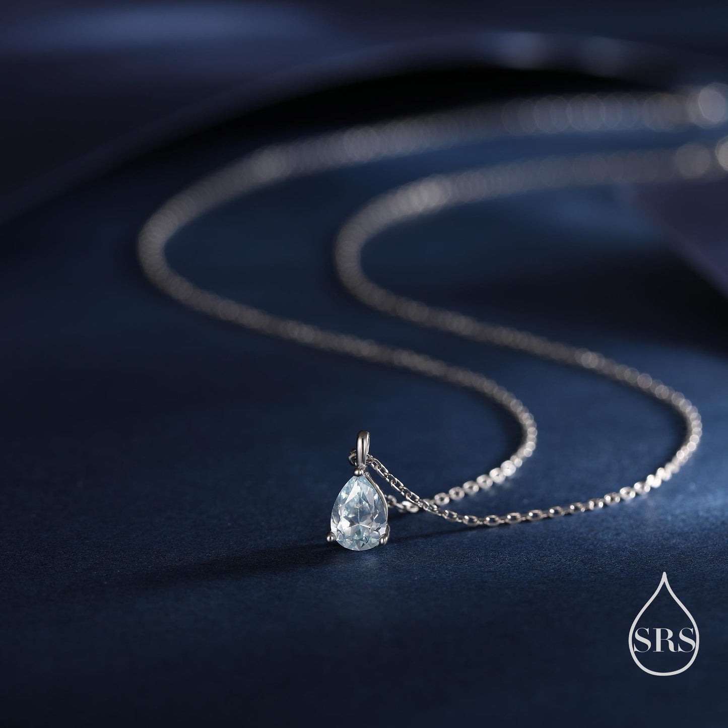 Aquamarine Blue Pear Cut CZ Pendant Necklace in Sterling Silver, 7 x 9mm, Sky Blue Crystal Droplet necklace, Diamond CZ