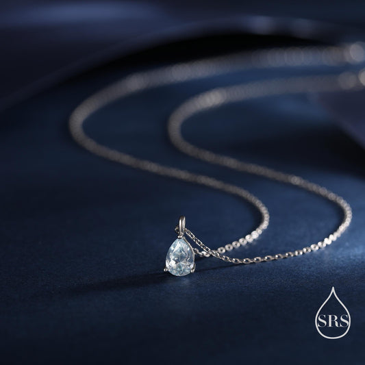 Aquamarine Blue Pear Cut CZ Pendant Necklace in Sterling Silver, 7 x 9mm, Sky Blue Crystal Droplet necklace, Diamond CZ