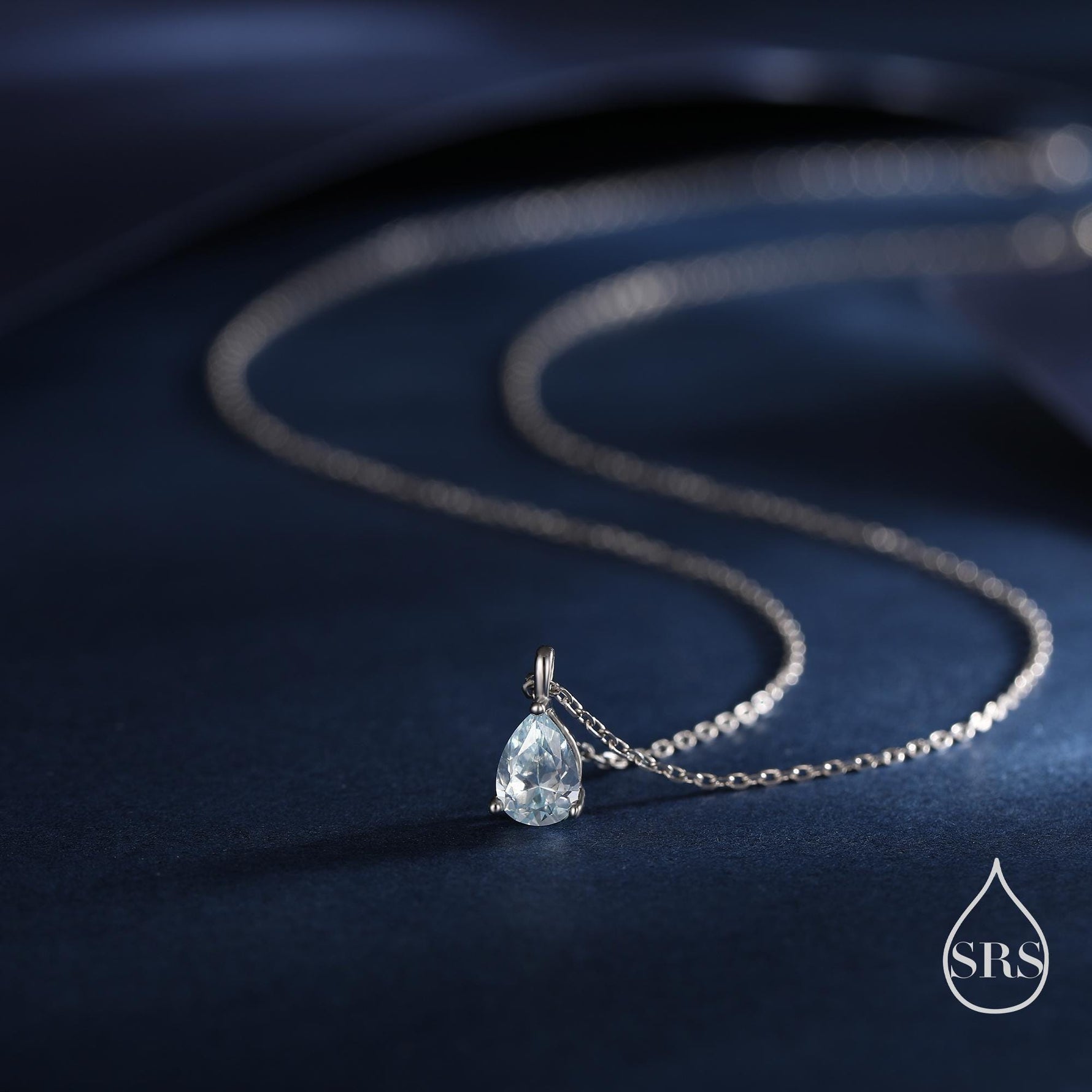 Aquamarine Blue Pear Cut CZ Pendant Necklace in Sterling Silver, 5 x 7mm, Sky Blue Crystal Droplet necklace, Diamond CZ