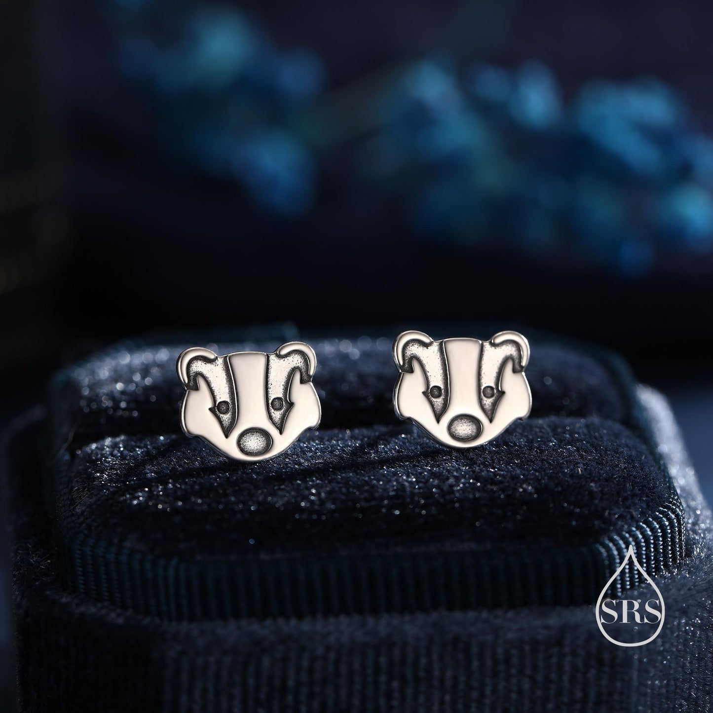 Badger Head Stud Earrings in Sterling Silver, Oxidised Sterling Silver Badger Earrings, Nature Inspired, Farm Earrings
