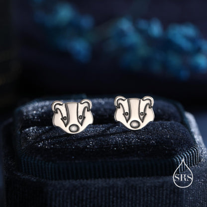 Badger Head Stud Earrings in Sterling Silver, Oxidised Sterling Silver Badger Earrings, Nature Inspired, Farm Earrings