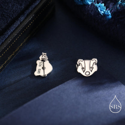 Badger Head Stud Earrings in Sterling Silver, Oxidised Sterling Silver Badger Earrings, Nature Inspired, Farm Earrings