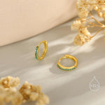 Extra Skinny Emerald Green CZ Huggie Hoop in Sterling Silver, Silver or Gold, 8mm Inner Diameter Hoop Earrings, May Birthstone