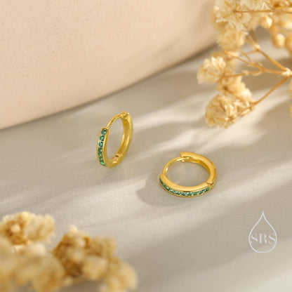 Extra Skinny Emerald Green CZ Huggie Hoop in Sterling Silver, Silver or Gold, 8mm Inner Diameter Hoop Earrings, May Birthstone