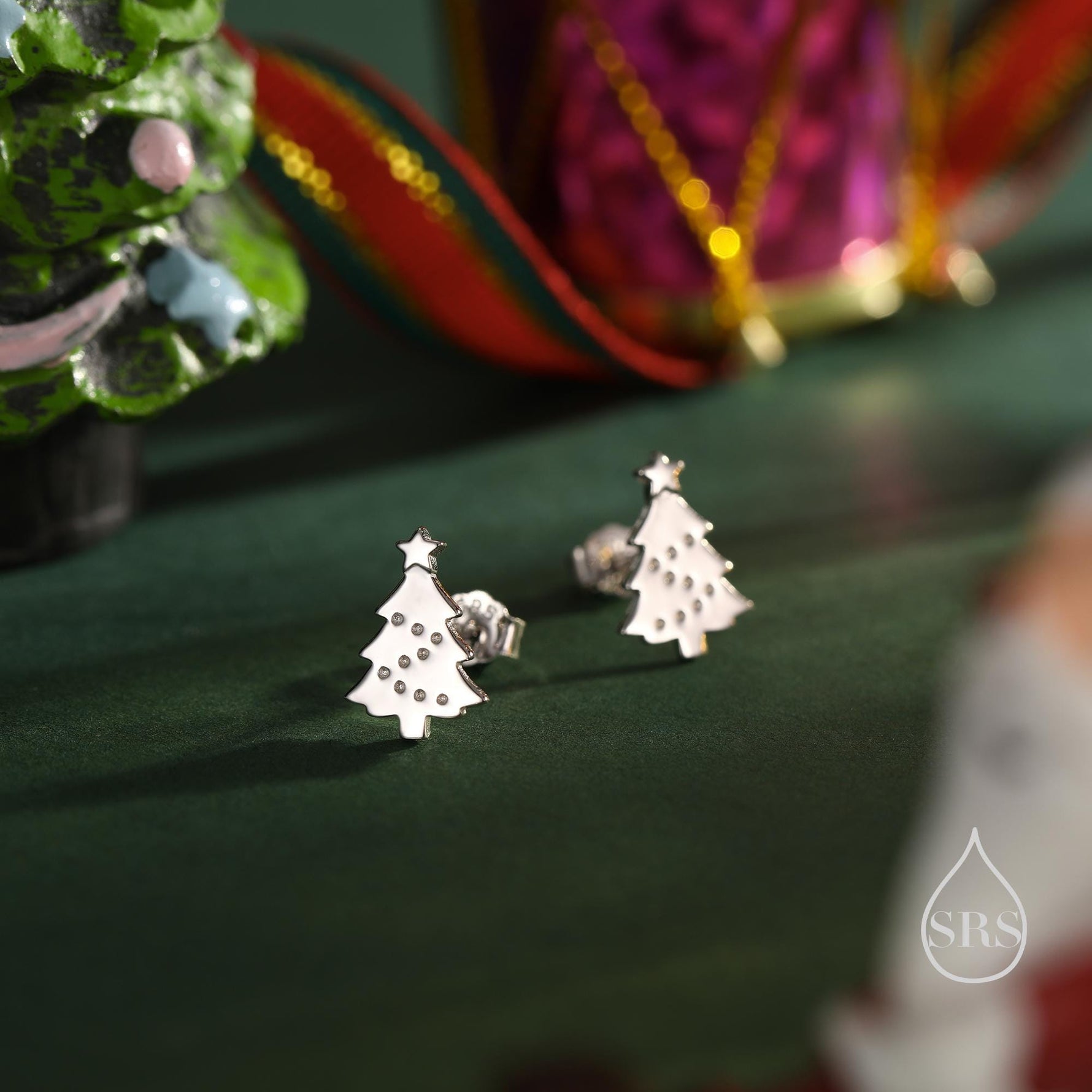 Tiny Christmas Tree Stud Earrings in Sterling Silver, Two Finishes Available, Tiny Xmas Tree Earrings, Christmas Earrings